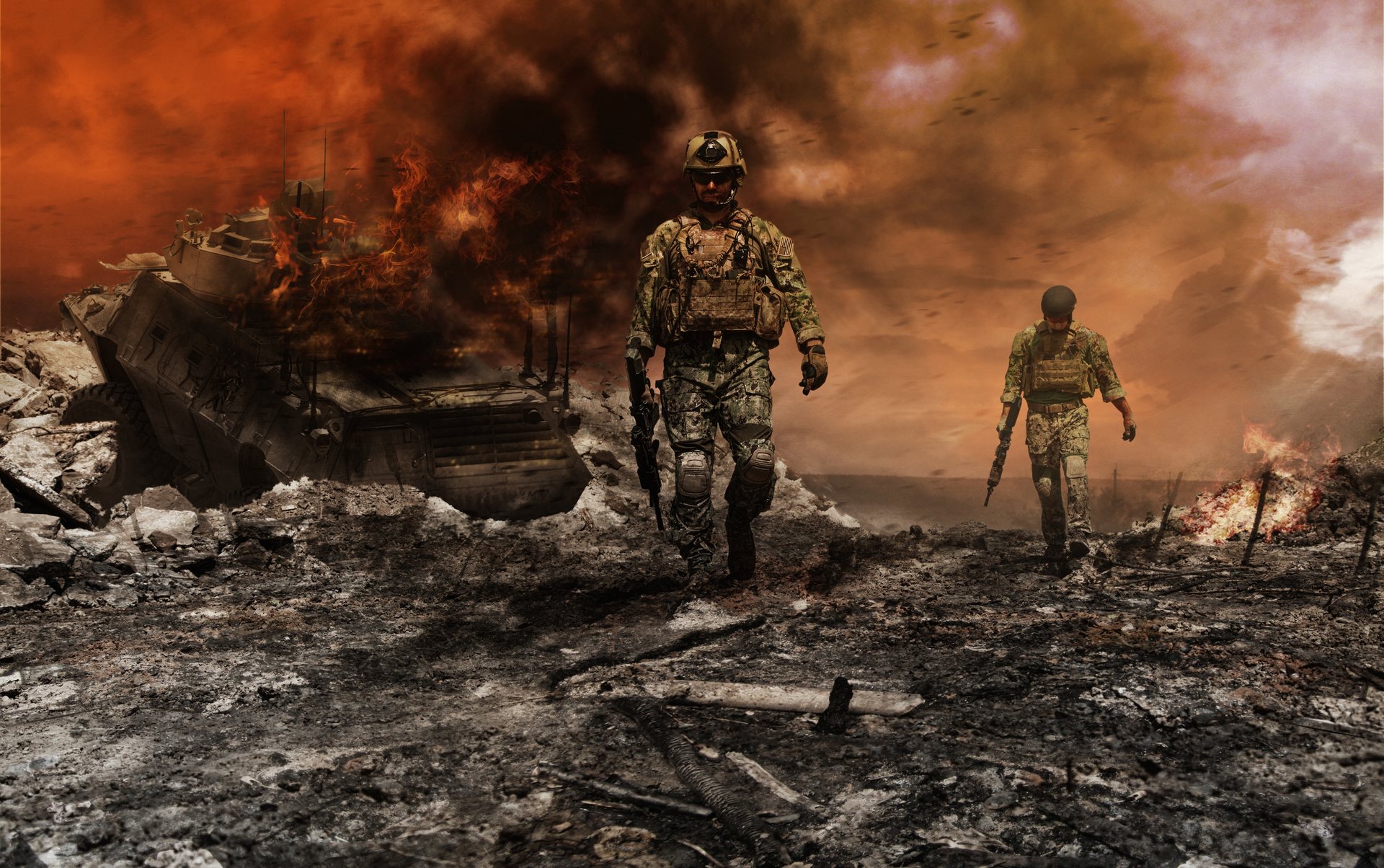 Soldiers walking through a burning, war-torn landscape under an orange sky