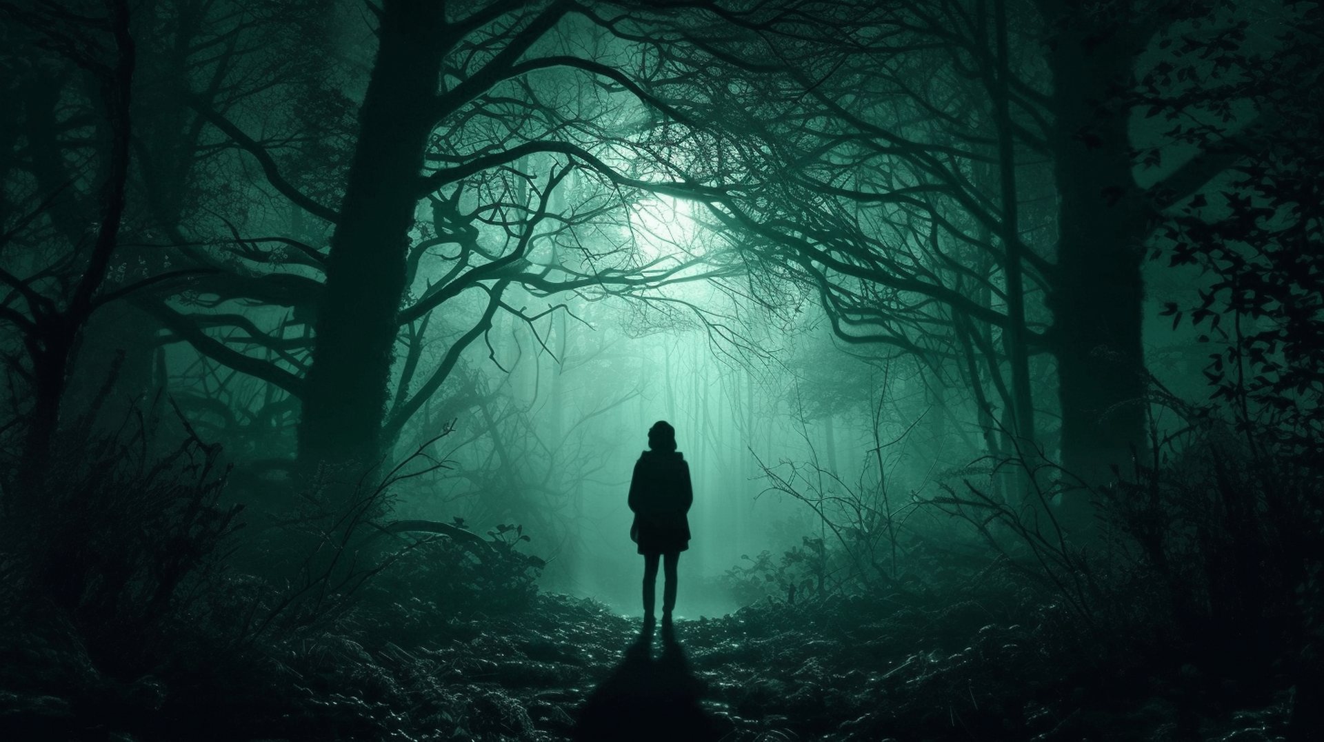 A silhouetted figure standing in a misty forest lit by pale green light