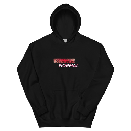 Black hooded sweatshirt printed with the Strange Normal logo